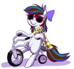 Size: 1153x1078 | Tagged: artist:gintoki23, clothes, derpibooru import, newbie artist training grounds, oc, oc:breezy, safe, scarf, simple background, sunglasses, tricycle, unofficial characters only, white background