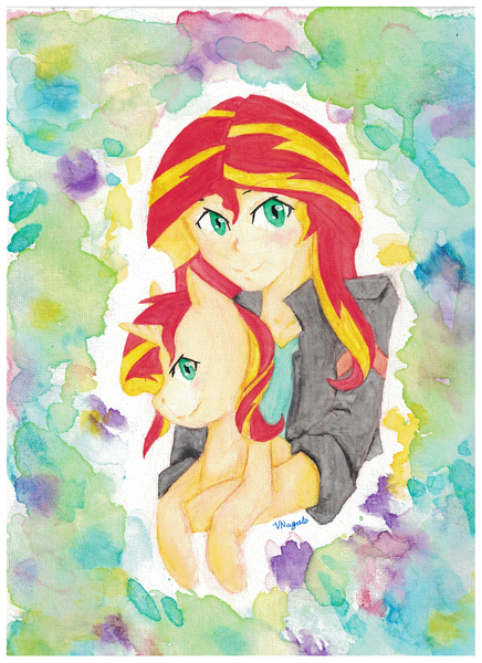 Size: 1700x2338 | Tagged: safe, artist:vnagato, derpibooru import, sunset shimmer, pony, equestria girls, painting, self paradox, traditional art