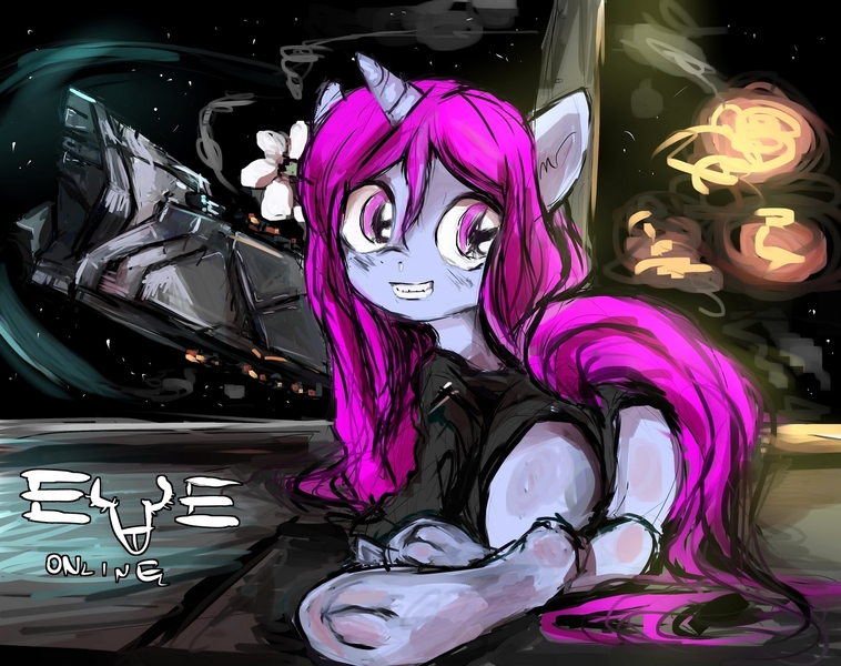 Size: 1365x1080 | Tagged: questionable, artist:darkstylerz, derpibooru import, oc, oc:flower, unofficial characters only, pony, unicorn, battleship, clothes, corax, ear fluff, eve online, explosion, female, flower, hooves, looking back, mare, penis drawing, plot, raised tail, smiling, solo, solo female, space, spaceship, stars, tail, underhoof, underwear