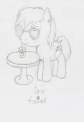 Size: 629x909 | Tagged: safe, artist:dredaich, derpibooru import, oc, unofficial characters only, earth pony, pony, drink, earth pony oc, monochrome, newbie artist training grounds, solo, straw, sunglasses, table, traditional art