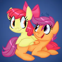 Size: 500x500 | Tagged: safe, artist:rivalcat, derpibooru import, apple bloom, scootaloo, pony, adorabloom, blank flank, crossed arms, crossed hooves, cute, cutealoo, female, filly, folded wings, happy, lesbian, looking back, looking up, open mouth, scootabloom, shipping, sitting, smiling