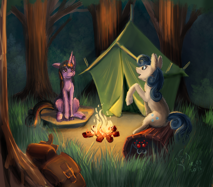 Size: 4000x3500 | Tagged: artist:dalagar, campfire, camping, derpibooru import, hiding, log, oc, safe, sitting, spider, tent, twilight sparkle, unshorn fetlocks