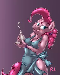 Size: 1584x2000 | Tagged: suggestive, artist:bluecoffeedog, derpibooru import, pinkie pie, anthro, earth pony, alternate hairstyle, apron, bedroom eyes, blushing, breasts, busty pinkie pie, cleavage, clothes, female, food, frosting, image, licking, licking lips, naked apron, not porn, png, solo, solo female, sweat, tongue out