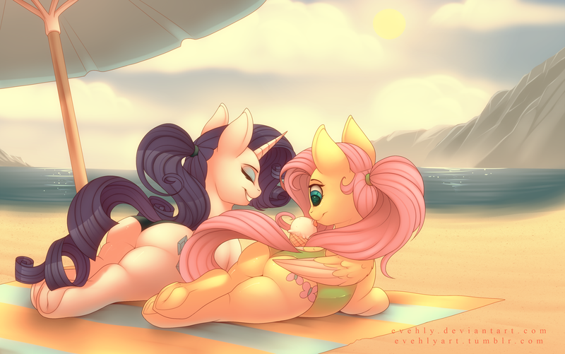 Size: 3500x2192 | Tagged: suggestive, artist:evehly, derpibooru import, fluttershy, rarity, pegasus, pony, unicorn, alternate hairstyle, beach, beach towel, beach umbrella, black swimsuit, blanket, clothes, female, flarity, flutterbutt, food, from behind, green swimsuit, ice cream, lesbian, licking, mare, ocean, one-piece swimsuit, plot, plump, ponytail, rearity, sand, shipping, swimsuit, thong swimsuit, tongue out, umbrella, underhoof, water
