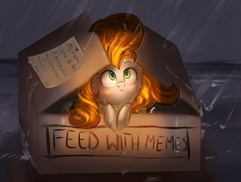 Size: 1321x1000 | Tagged: safe, artist:segraece, derpibooru import, oc, oc:golden rain, unofficial characters only, pony, box, pony in a box, rain, solo