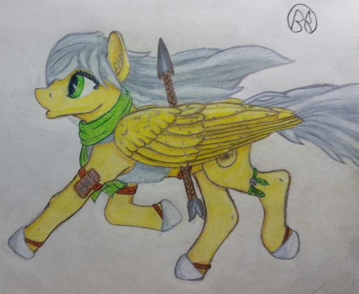 Size: 2474x2021 | Tagged: safe, artist:blastradiuss, derpibooru import, oc, oc:radiant resplendence, unofficial characters only, pegasus, pony, ponyfinder, armor, cleric, clothes, dungeons and dragons, pathfinder, pen and paper rpg, rpg, scarf, solo, spear, traditional art, weapon