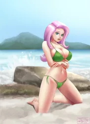 Size: 729x1000 | Tagged: absolute cleavage, adorasexy, arm under breasts, artist:jay156, barefoot, beach, beach babe, belly button, big breasts, bikini, bikini babe, breasts, busty fluttershy, cleavage, clothes, cute, derpibooru import, feet, female, fluttershy, green swimsuit, human, humanized, kneeling, looking at you, modeling, mountain, ocean, open mouth, pose, rock, sand, seductive pose, sexy, side-tie bikini, smiling, solo, solo female, string bikini, stupid sexy fluttershy, suggestive, summer, swimsuit