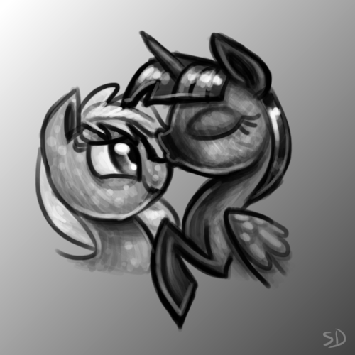 Size: 500x500 | Tagged: safe, artist:sallindaemon, derpibooru import, applejack, twilight sparkle, twilight sparkle (alicorn), alicorn, pony, alternate design, dappled, female, kissing, lesbian, mare, monochrome, shipping, twijack