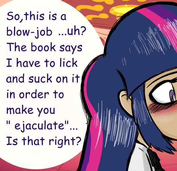 Size: 820x791 | Tagged: artist:fbertu, blowjob, blushing, derpibooru import, hentai quotes, human, humanized, implied spike, male, oral, questionable, sex, sexually oblivious, straight, twilight sparkle