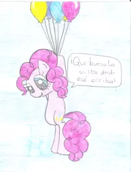 Size: 1514x1984 | Tagged: artist:porfavorsuvida, balloon, derpibooru import, pinkie pie, safe, solo, spanish, then watch her balloons lift her up to the sky, traditional art