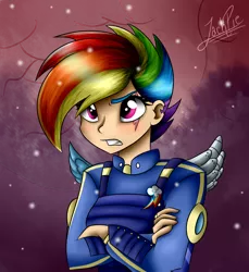Size: 1100x1200 | Tagged: alternate timeline, amputee, apocalypse dash, artificial wings, artist:jack-pie, augmented, bust, clothes, crossed arms, crystal war timeline, derpibooru import, eye scar, human, humanized, mechanical wing, prosthetic limb, prosthetics, prosthetic wing, rainbow dash, safe, scar, shivering, signature, small wings, solo, the cutie re-mark, torn ear, wings