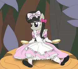Size: 2500x2207 | Tagged: alice in wonderland, anthro, artist:avchonline, clothes, derpibooru import, dress, eyeshadow, frilly dress, gloves, hair bow, lace, makeup, mary janes, micro, mushroom, octavia melody, pantaloons, pantyhose, petticoat, pinafore, ribbon, ruffles, safe, shoes, tights