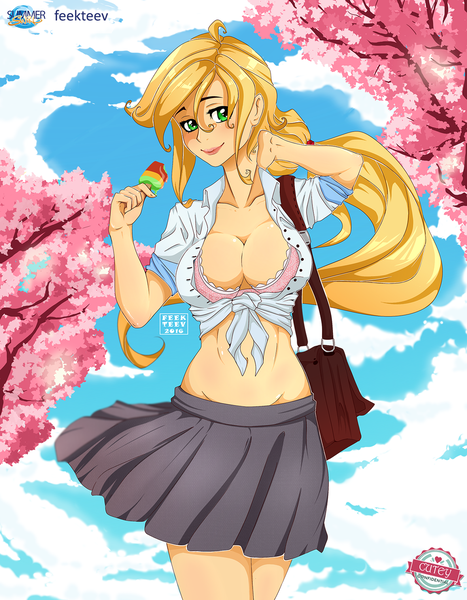 Size: 1024x1317 | Tagged: annabel jean smith, applejack, artist:feekteev, belly button, bra, breasts, busty applejack, cherry blossoms, cherry tree, cleavage, clothes, cutey confidential, derpibooru import, female, food, frilly underwear, human, humanized, midriff, pink underwear, pleated skirt, popsicle, school uniform, skirt, skirt lift, solo, solo female, starswirl academy, suggestive, summer swirl, tree, underwear