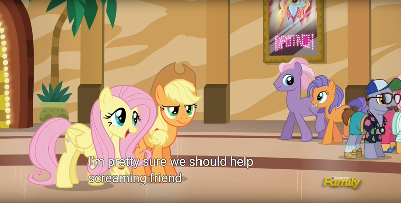 Size: 1920x975 | Tagged: safe, derpibooru import, screencap, applejack, britneigh spears, butterscotch sweets, country mile, fluttershy, pony, viva las pegasus, britney spears, meme, youtube caption