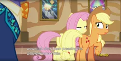 Size: 1920x975 | Tagged: safe, derpibooru import, screencap, applejack, fluttershy, gladmane, trapeze star, pony, viva las pegasus, female, mare, meme, plot, youtube caption