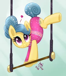 Size: 1310x1500 | Tagged: safe, artist:joakaha, derpibooru import, trapeze star, earth pony, pony, viva las pegasus, acrobat, acrobatics, clothes, eyeshadow, female, heart, leotard, makeup, mare, performer, signature, smiling, solo