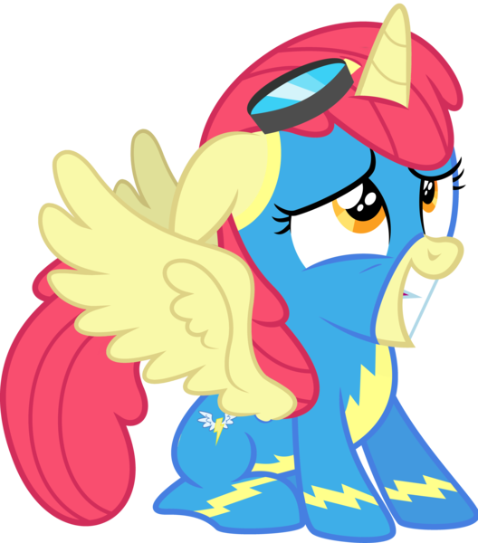 Size: 5478x6228 | Tagged: safe, artist:baronbronie, derpibooru import, apple bloom, alicorn, pony, absurd resolution, alicornified, bloomicorn, clothes, floppy ears, goggles, race swap, sheepish grin, simple background, solo, this isn't even my final form, this will end in tears and/or death and/or covered in tree sap, transparent background, vector, what has magic done, wonderbolts uniform, xk-class end-of-the-world scenario