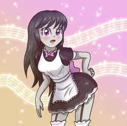 Size: 3507x3472 | Tagged: safe, artist:sumin6301, derpibooru import, octavia melody, equestria girls, apron, blushing, clothes, garter belt, maid, music notes, octamaid, ribbon, solo