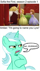 Size: 612x1078 | Tagged: safe, derpibooru import, edit, edited screencap, screencap, lyra heartstrings, pony, unicorn, coincidence i think not, ew gay, homonyms, out of character, princess amber, princess sofia, sofia the first