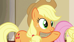 Size: 640x360 | Tagged: animated, applejack, artist:x-saltedfish, chocolate milk, cute, derpibooru import, edit, edited screencap, everything is ruined, exploitable meme, fluttershy, gif, glass, grin, meme, milk, pure unfiltered evil, safe, screencap, shyabetes, smiling, spilled milk, squee, viva las pegasus