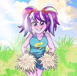 Size: 3507x3472 | Tagged: safe, artist:sumin6301, derpibooru import, starlight glimmer, equestria girls, blushing, canterlot high, cheerleader, clothes, cute, equestria girls-ified, female, glimmerbetes, happy, looking at you, pigtails, pom pom, school spirit, skirt, smiling, solo, wondercolts