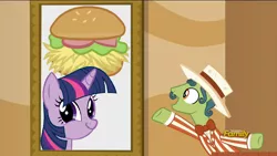 Size: 1920x1080 | Tagged: safe, derpibooru import, edit, edited screencap, editor:watermelon changeling, screencap, twilight sparkle, earth pony, pony, unicorn, viva las pegasus, burger, discovery family logo, exploitable meme, faic, food, hay burger, las pegasus portrait, meme, smirk, twiface, twilight burgkle, wrong neighborhood