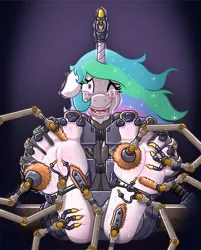 Size: 693x861 | Tagged: semi-grimdark, suggestive, artist:caroo, derpibooru import, princess celestia, anthro, plantigrade anthro, barefoot, blushing, bondage, bondage furniture, brush, claws, crying, feet, foot fetish, foot focus, horn cap, iron legion, laughing, machine, magic suppression, robotic arm, stocks, story included, sweat, tears of laughter, tickle torture, tickling, toe tied, toes