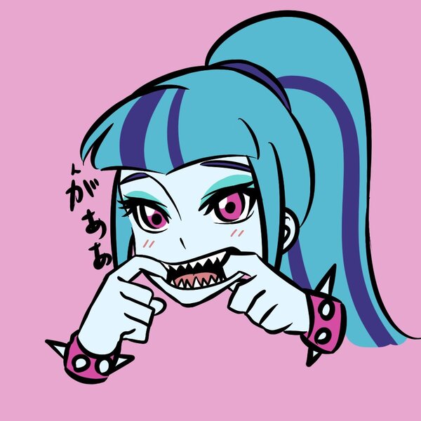 Size: 1000x1000 | Tagged: safe, artist:raika0306, derpibooru import, sonata dusk, equestria girls, adoracreepy, blushing, bust, creepy, cute, fangs, japanese, portrait, shark teeth, sharp teeth, solo, sonatabetes, teeth, tongue out