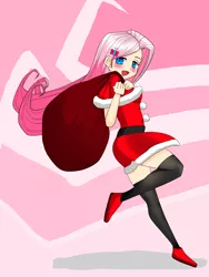 Size: 3096x4128 | Tagged: artist:nyamnyam2, clothes, derpibooru import, fluttershy, human, humanized, sack, safe, santa costume, santa sack, socks, solo, thigh highs