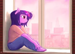 Size: 1600x1154 | Tagged: anthro, artist:shiropoint, clothes, derpibooru import, pants, safe, shirt, sitting, solo, twilight sparkle, window