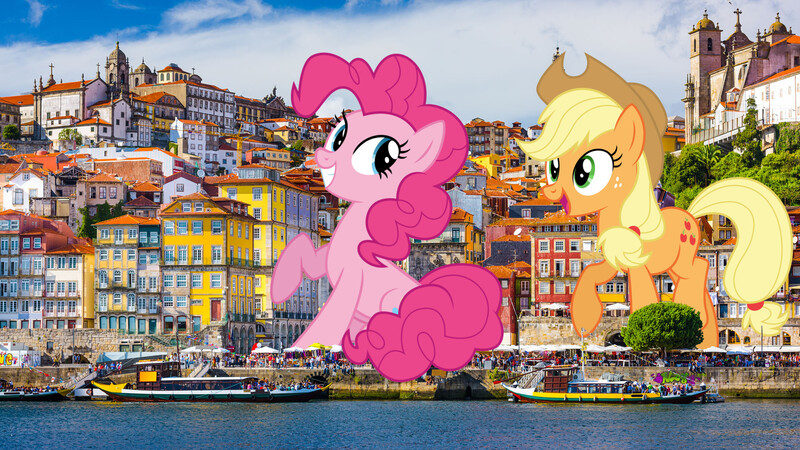 Size: 1920x1080 | Tagged: safe, artist:dashiesparkle, artist:illumnious, artist:theotterpony, derpibooru import, applejack, pinkie pie, pony, giant pony, highrise ponies, irl, macro, photo, ponies in real life, porto, portugal, story included