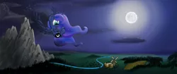 Size: 5000x2109 | Tagged: artist:machstyle, cloud, derpibooru import, flying, moon, mountain, night, princess luna, safe, scenery, solo