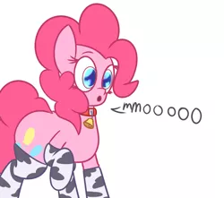 Size: 2017x1780 | Tagged: safe, artist:mr-degration, derpibooru import, pinkie pie, cow, earth pony, pony, :o, behaving like a cow, bell, bell collar, clothes, collar, cowbell, moo, pincow pie, raised hoof, simple background, socks, solo, white background