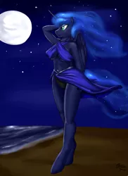 Size: 1550x2132 | Tagged: abs, anthro, artist:brushstroke, beach, breasts, busty princess luna, clothes, derpibooru import, female, midriff, moon, night, ocean, princess luna, solo, solo female, starry mane, stars, suggestive, swimsuit, unguligrade anthro