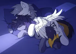 Size: 1000x716 | Tagged: safe, artist:hioshiru, derpibooru import, oc, oc:kate, oc:kej, unofficial characters only, pegasus, pony, unicorn, bed, cuddling, eyes closed, female, k+k, lightbeam, male, sleeping, snuggling, straight