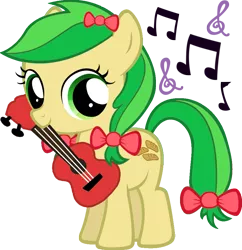 Size: 879x909 | Tagged: apple family member, apple fritter, artist:moonsugar33, cute, derpibooru import, female, filly, guitar, looking at you, music notes, safe, simple background, solo, transparent background