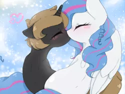 Size: 680x512 | Tagged: safe, artist:okaces, derpibooru import, oc, oc:encelade moon, oc:okane, unofficial characters only, pegasus, pony, unicorn, colors3d, duo, female, kissing, lesbian, love, mare