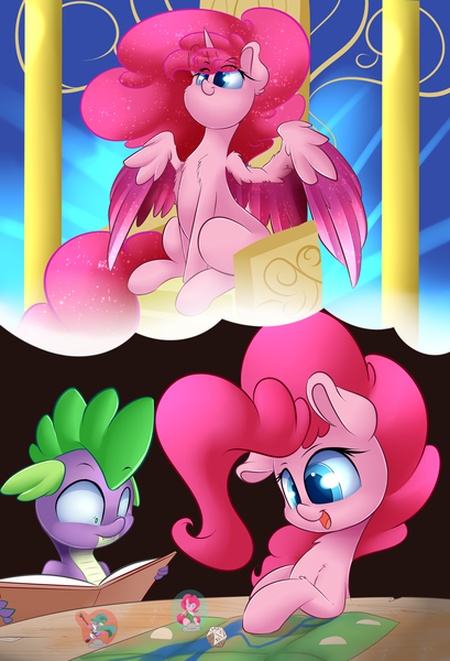 Size: 3000x4400 | Tagged: safe, artist:madacon, derpibooru import, pinkie pie, spike, alicorn, pony, alicornified, atg 2016, dungeons and dragons, newbie artist training grounds, ogres and oubliettes, pinkiecorn, race swap, xk-class end-of-the-world scenario