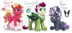 Size: 1372x638 | Tagged: artist:hazurasinner, cutie mark, derpibooru import, hippogriff, interspecies offspring, magical lesbian spawn, next generation, oc, oc:celadon cauldron, oc:peppermint cookie, oc:raven song, offspring, parent:apple bloom, parent:gabby, parent:rumble, parent:scootaloo, parents:rumbelle, parents:tenderbloom, parent:sweetie belle, parent:tender taps, safe, unofficial characters only