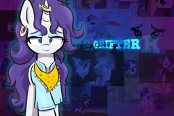 Size: 1280x853 | Tagged: artist:heir-of-rick, bandana, clothes, derpibooru import, ear piercing, earring, horn ring, impossibly large ears, jewelry, leverage, lidded eyes, part of a set, piercing, rarity, safe, shirt, solo