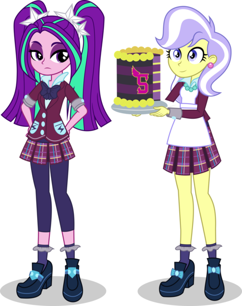 Size: 2149x2713 | Tagged: safe, artist:punzil504, derpibooru import, aria blaze, upper crust, equestria girls, friendship games, rainbow rocks, birthday cake, cake, clothes, crystal prep academy, crystal prep academy uniform, crystal prep shadowbolts, dessert, duo, food, high heels, leggings, pigtails, plate, pleated skirt, school uniform, shoes, simple background, skirt, socks, transparent background, twintails, vector