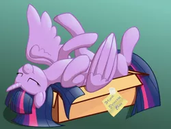Size: 1280x960 | Tagged: safe, artist:nuka-kitty, artist:pon8d, derpibooru import, twilight sparkle, twilight sparkle (alicorn), alicorn, pony, adorkable, behaving like a cat, box, cardboard box, collaboration, cute, digital art, dork, eyes closed, gradient background, green background, legs in air, lounging, majestic as fuck, on back, pony in a box, sign, simple background, sleeping, smiling, solo, sprawl, spread wings, twiabetes