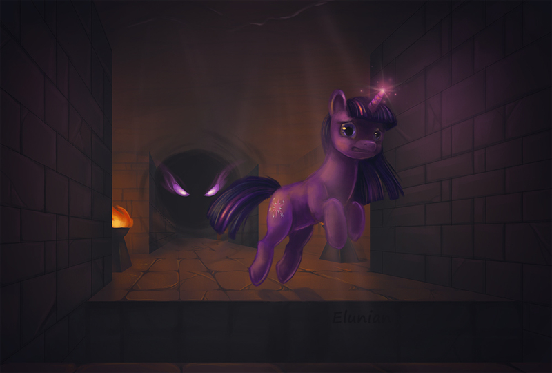 Size: 1000x675 | Tagged: safe, artist:elunian, derpibooru import, twilight sparkle, pony, unicorn, bottomless pit, chase, dungeon, eye mist, fan game, glowing eyes, image, jpeg, leaping, magic, not king sombra, not sombra, not umbrum, scared, shadow creature, teleportation, torch, twilight escape, twilight's escape, unicorn twilight