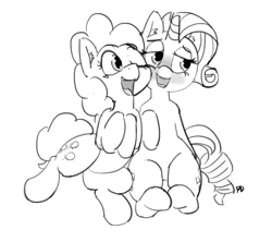 Size: 1280x1137 | Tagged: safe, artist:pabbley, derpibooru import, pinkie pie, rarity, pony, blushing, cute, diapinkes, female, lesbian, mare, monochrome, raripie, shipping