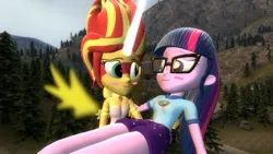 Size: 1360x768 | Tagged: safe, artist:mk513, derpibooru import, sci-twi, sunset shimmer, twilight sparkle, equestria girls, friendship games, legend of everfree, 3d, blushing, camping outfit, daydream shimmer, female, forest, glasses, gmod, lesbian, scitwishimmer, shipping, sunsetsparkle