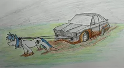 Size: 4704x2584 | Tagged: artist:bumskuchen, bmw, bmw 3-series, bmw e30, car, derpibooru import, dirt, dirty, horse collar, newbie artist training grounds, oc, pulling, safe, solo, traditional art, unofficial characters only