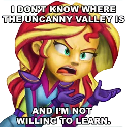 Size: 500x500 | Tagged: safe, artist:mentalmongloid, derpibooru import, sunset shimmer, equestria girls, friendship games, image macro, meme, meta, sunset is not willing to learn, text, uncanny valley