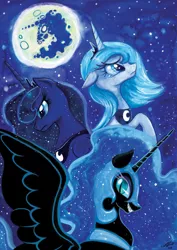 Size: 1280x1810 | Tagged: artist:colourbee, derpibooru import, looking at you, lunar trinity, mare in the moon, moon, nightmare moon, princess luna, s1 luna, safe, three luna moon, three wolf moon, traditional art, watercolor painting