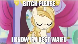 Size: 640x360 | Tagged: safe, derpibooru import, edit, edited screencap, screencap, sweet biscuit, pony, unicorn, canterlot boutique, background pony, best waifu, bitch please, caption, eyes closed, fabulous, female, image macro, impact font, mare, meme, sassy, text, vulgar, waifu