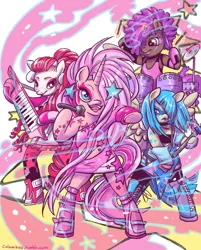 Size: 1280x1591 | Tagged: aja leith, artist:colourbee, clothes, derpibooru import, drums, drumsticks, flying v, glowing horn, guitar, jem, jem and the holograms, jerrica benton, keytar, kimber benton, levitation, looking at you, microphone, musical instrument, pointing, ponified, safe, shana elmsford, singing